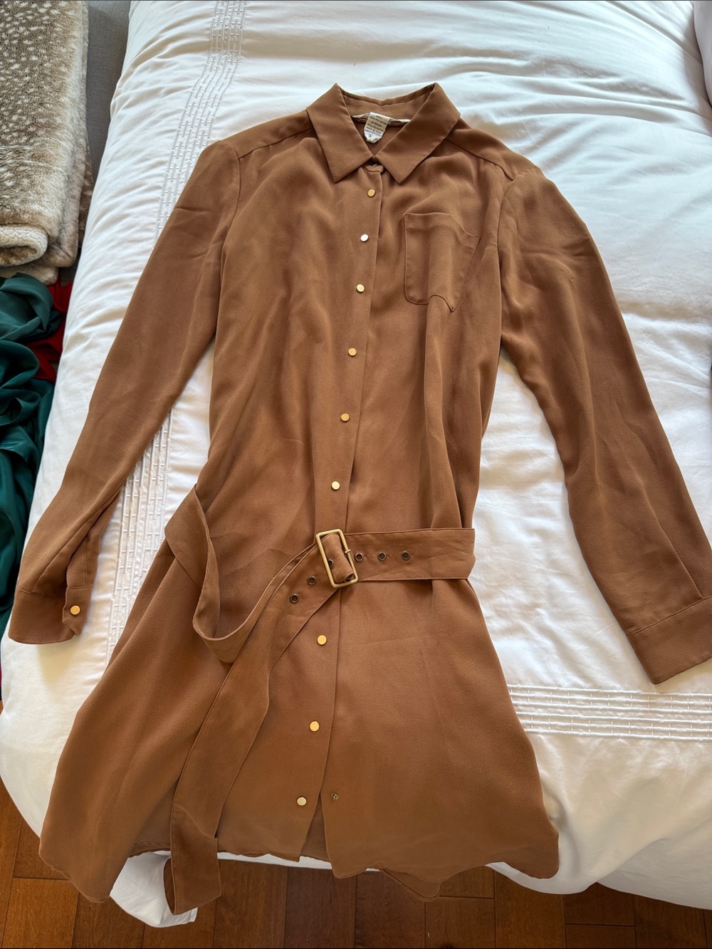 Diane Von Furstenberg Brown Long-Sleeve Shirt Dress with Belt